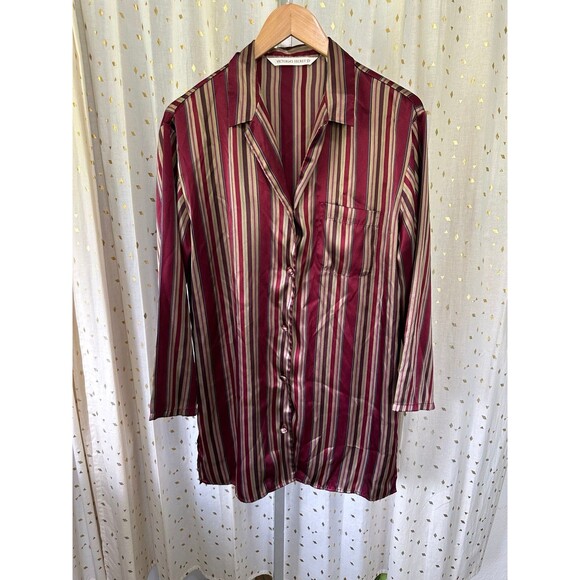 Victoria’s Secret Women's Stripe Button Down Silky Satin Sleep Shirt S - Picture 2 of 5